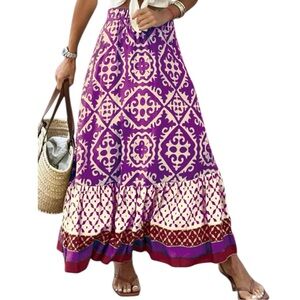 NEW Purple Boho Geometric Maxi Skirt Cottagecore Prairie Flowy Gypsy